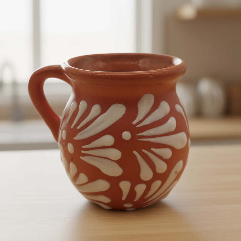 Handmade Mexican brown Talavera mug with intricate patterns, crafted from clay, displayed on a neutral background.