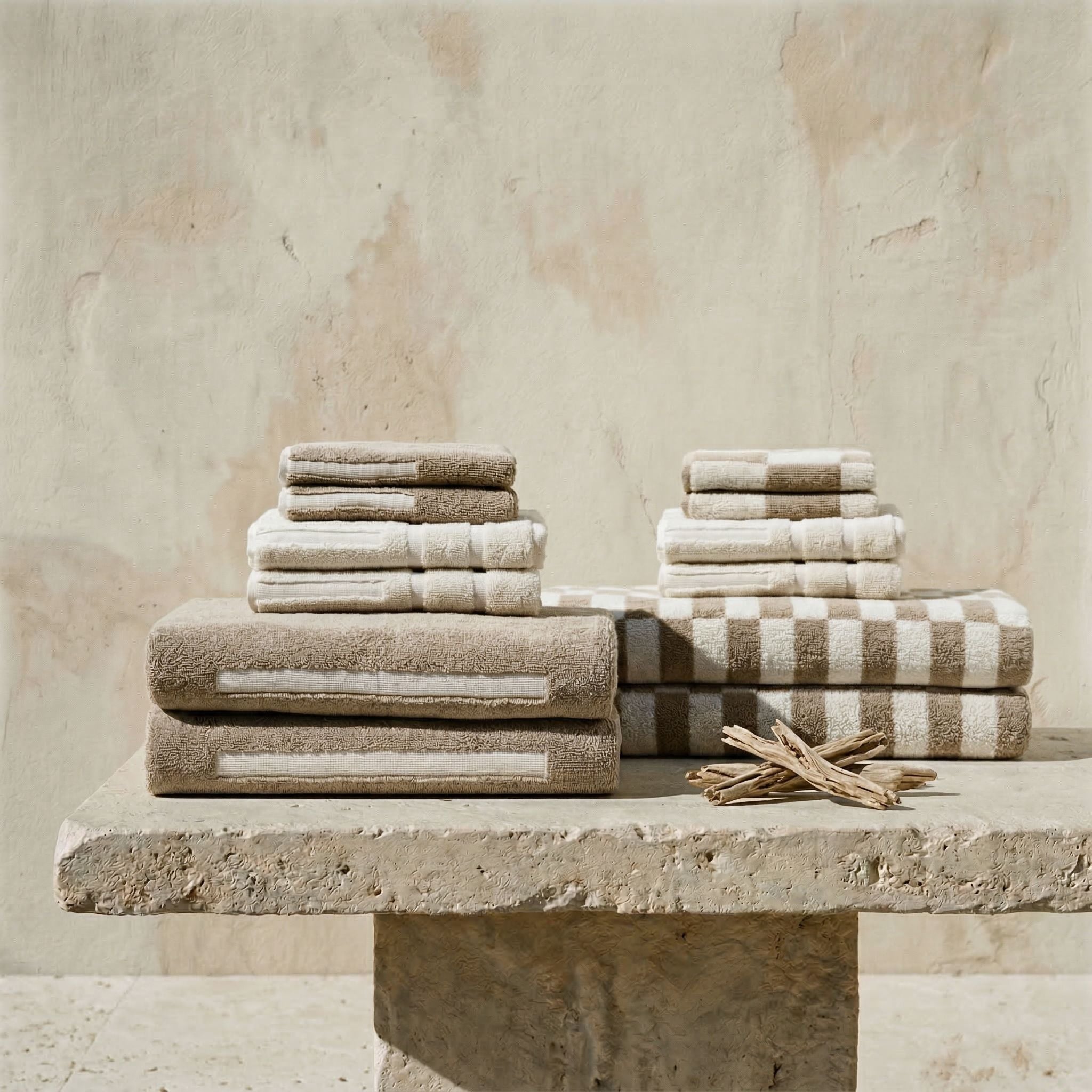 Soft Pietra Australian cotton towels by Italic displayed with plush texture and neutral color in a cozy bathroom setting.