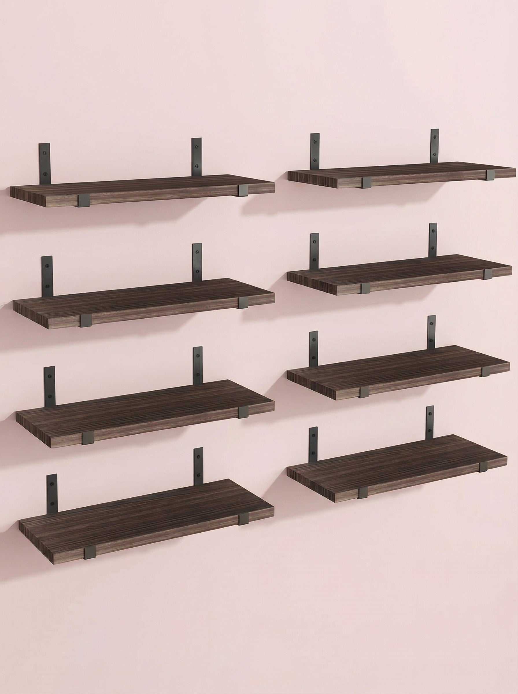 Rustic hard wood floating shelves by 2Dropme mounted on a wall, showcasing natural wood grain and sturdy design for home decor.