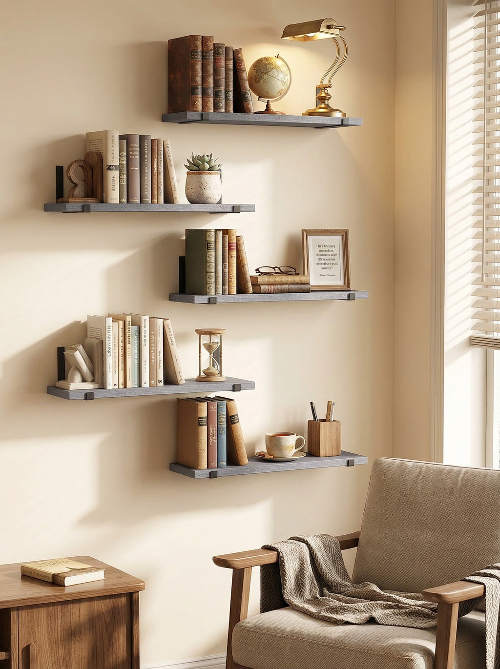 Rustic hard wood floating shelves by 2Dropme mounted on a wall, showcasing natural wood grain and sturdy design.