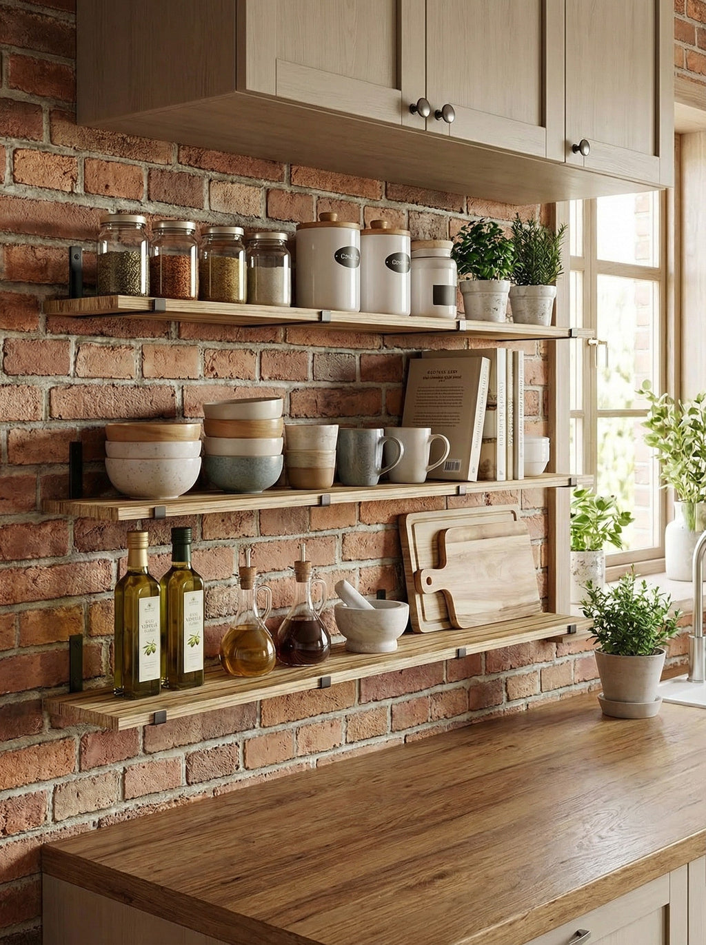 Rustic hard wood floating shelves by 2Dropme mounted on a wall, showcasing natural wood grain and sturdy design for home decor.