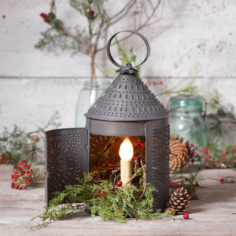 15-inch black fireside candle lantern from Countryside Home Decor with a kettle design, perfect for cozy holiday decor.