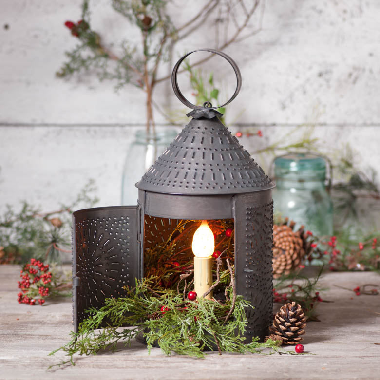 15-inch black fireside candle lantern from Countryside Home Decor with a kettle design, perfect for cozy holiday decor.