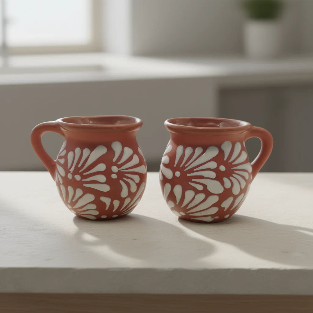 Handmade Mexican clay Talavera mug with brown pottery finish, featuring traditional blue and brown decorative patterns.