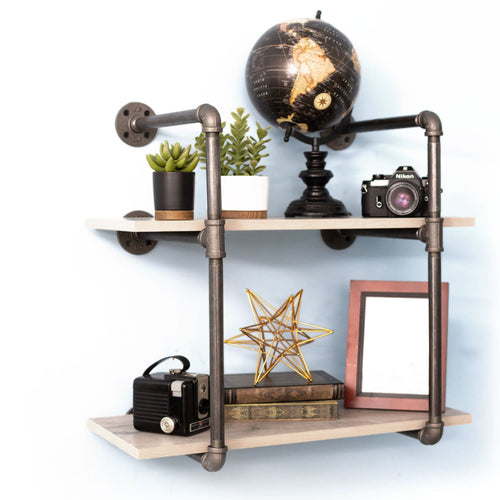 Two-tier wall-mounted shelf with black pipe decor brackets, showcasing a modern industrial style for home or office storage.
