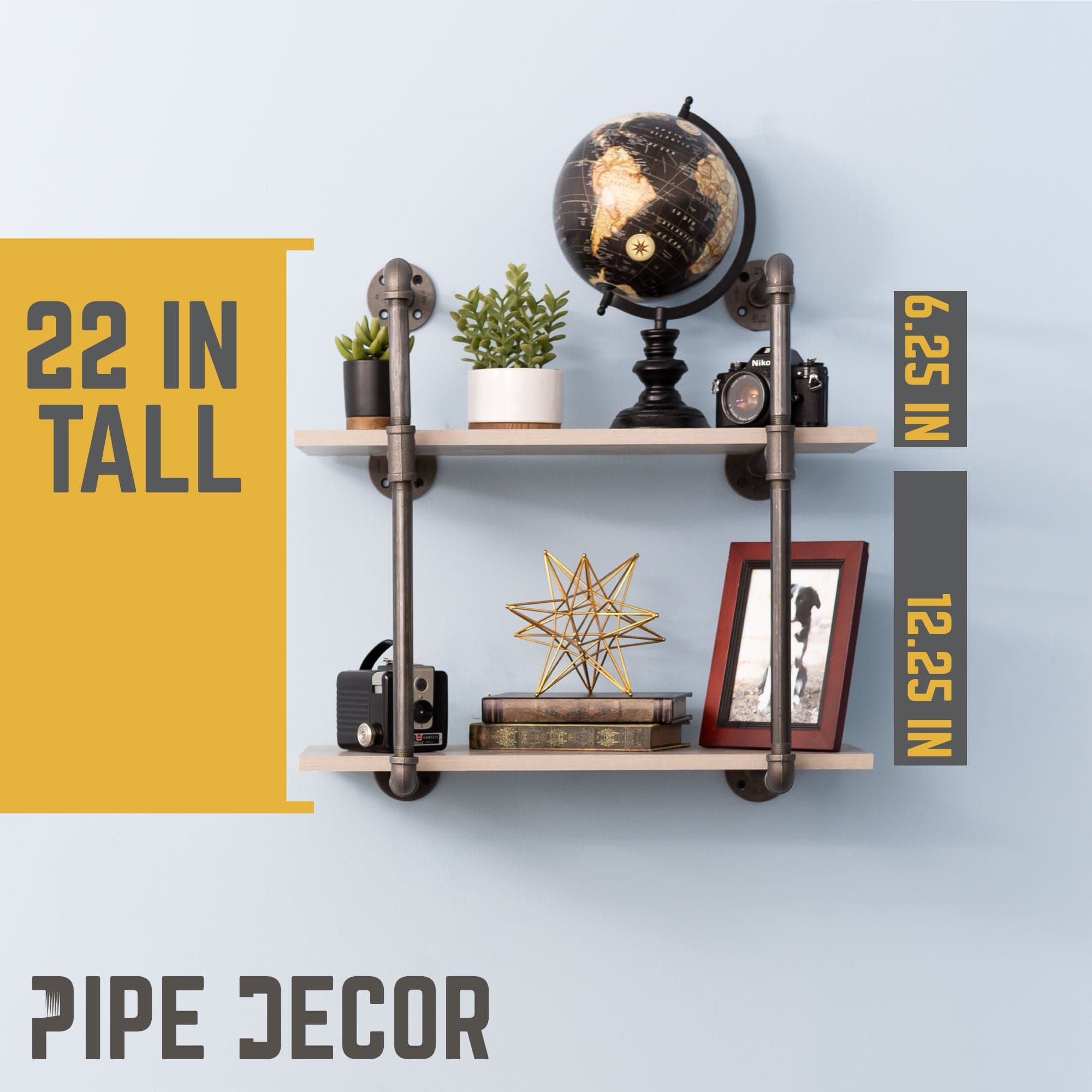 Two-tier wall-mounted shelf with black pipe decor brackets, showcasing a modern industrial style for home or office use.