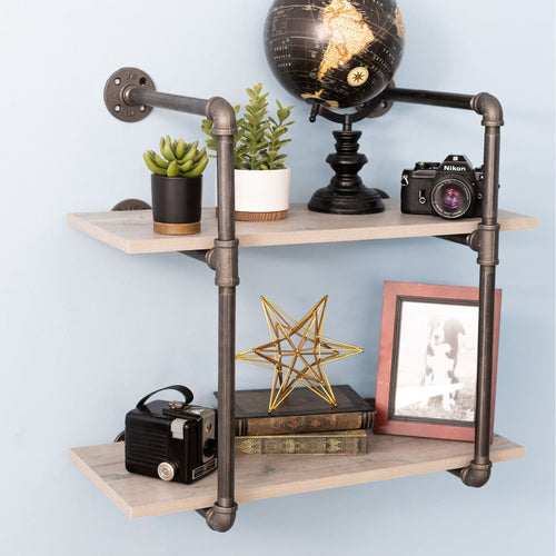 Wall-mounted 2-tier shelf with black pipe decor brackets, ideal for storage and display in modern home or office interiors.