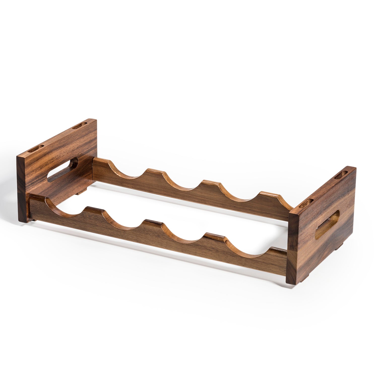 Kalmar Home tabletop stackable wine rack holding multiple wine bottles on a wooden surface.