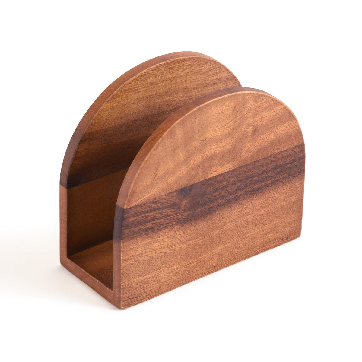 Kalmar Home vertical napkin holder with sleek metal design, holding neatly folded paper napkins on a kitchen countertop.