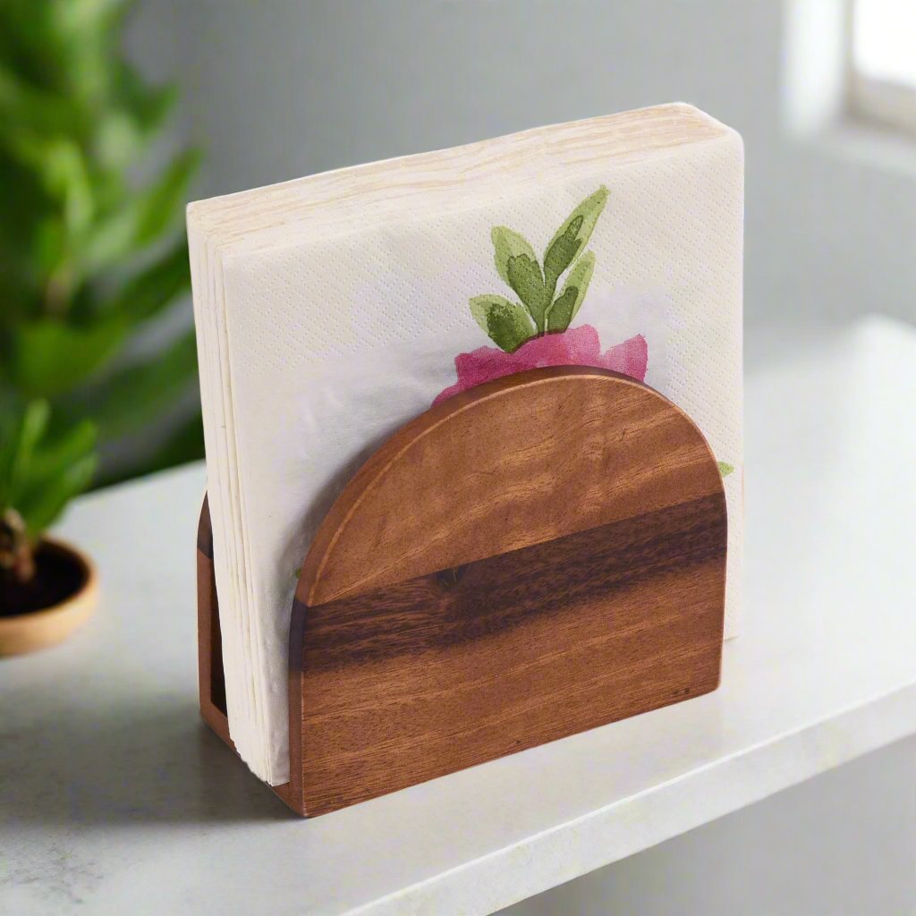 Kalmar Home vertical napkin holder with sleek design, holding paper napkins upright on a countertop.