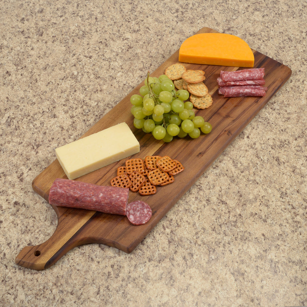 Large acacia wood cutting and charcuterie board by Kalmar Home, with a smooth surface and natural wood grain detail.