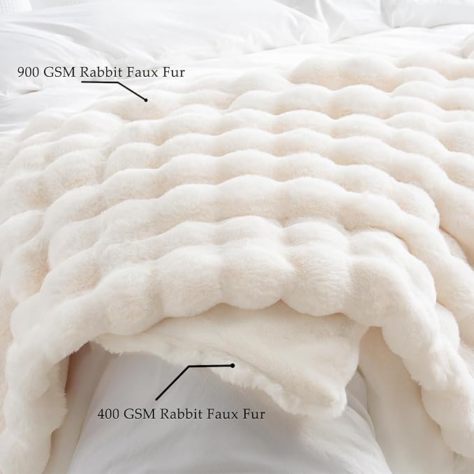 CozyNest Decor FUR Bubble Throw blanket with soft, fluffy fur texture in neutral tones, perfect for cozy home decor.
