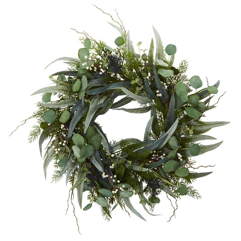 Eucalyptus and mixed greens wreath, 24-inch decorative home decor wreath with natural foliage for wall or door display