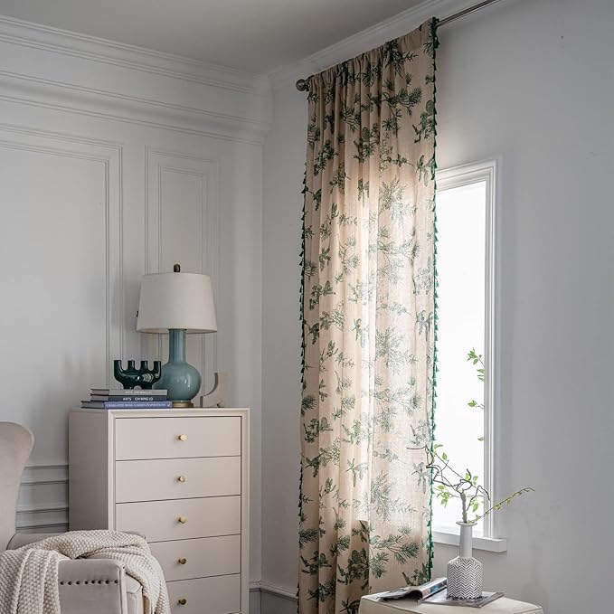 Green forest boho curtain panel by CozyNest Decor, printed cotton linen, 84-inch length, rod pocket, semi-blackout, farmhouse style.