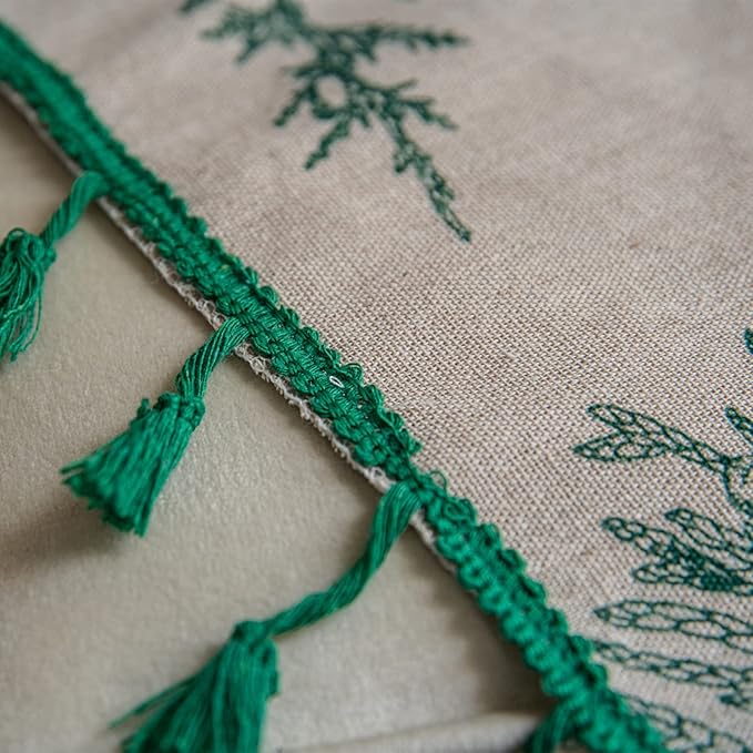 CozyNest Decor Sutuo Home Boho cotton linen curtain panel with green forest print and tassels, 84-inch length for bedroom or living room