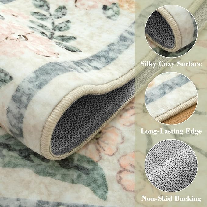 CozyNest Decor floral round area rug with beige botanical print, 6ft boho soft washable circle rug for living room or bedroom.