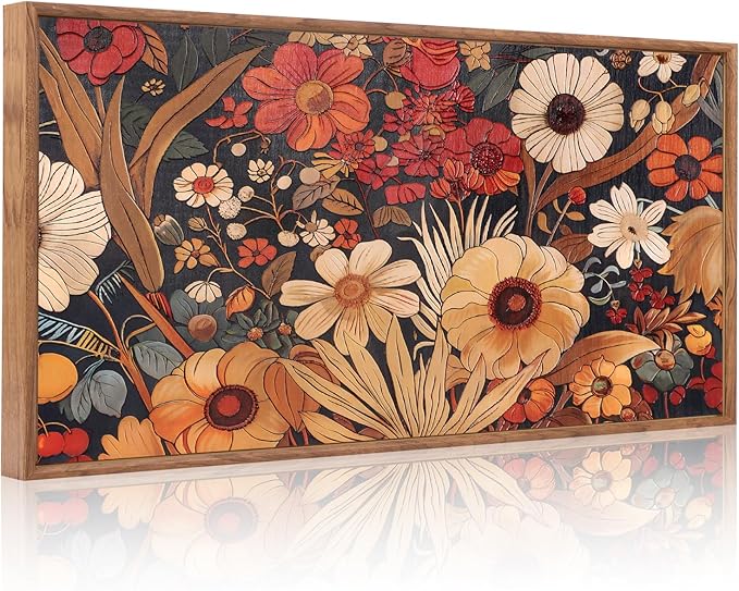AurLan Boho burnt orange terracotta wildflowers framed wall art 40x20 with textured floral canvas for modern home decor.