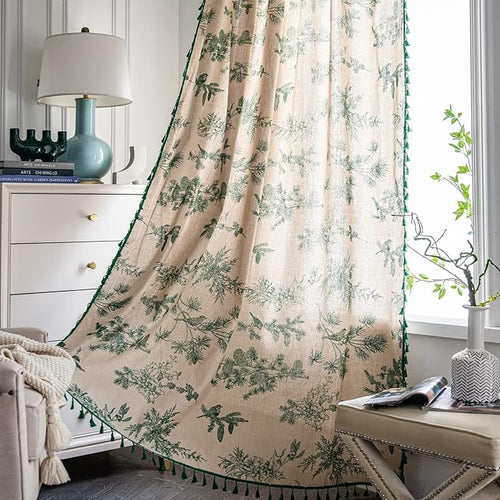 Boho green forest cotton linen curtain panel with tassels, 84 inches long, for bedroom or living room window treatment.