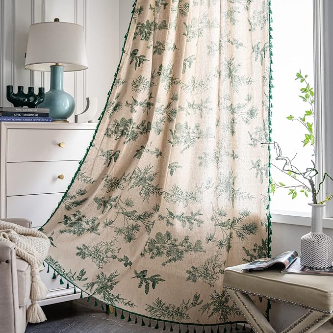 Boho green forest cotton linen curtain panel with tassels, 84 inches long, for bedroom or living room window treatment.