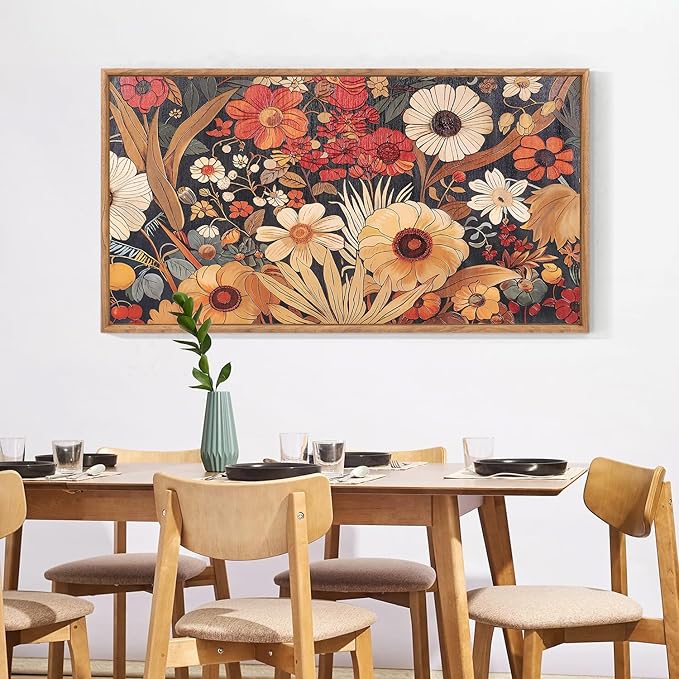 Boho burnt orange terracotta floral wall art poster, 40x20 inches, textured canvas with abstract wildflower design for home decor.