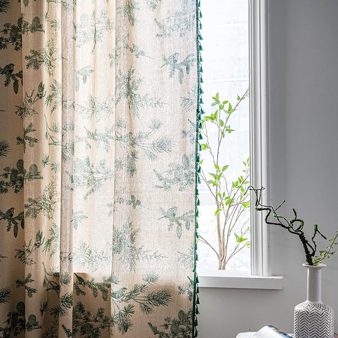 Boho green forest cotton linen curtain panel with tassels, 84-inch length, rod pocket, semi-blackout design for bedroom or living room.