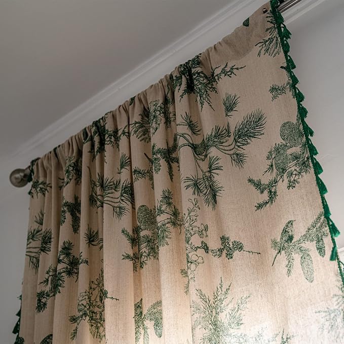 Boho cotton linen curtain panel with tassels in green forest, 84-inch length for bedroom or living room window treatment.