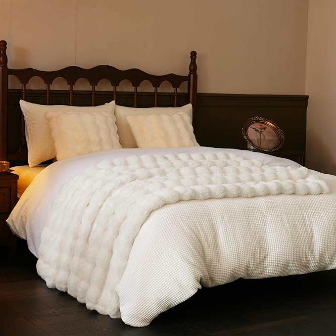 CozyNest Decor FUR Bubble Throw blanket with soft, fluffy texture in a neutral color, perfect for cozying up on the couch