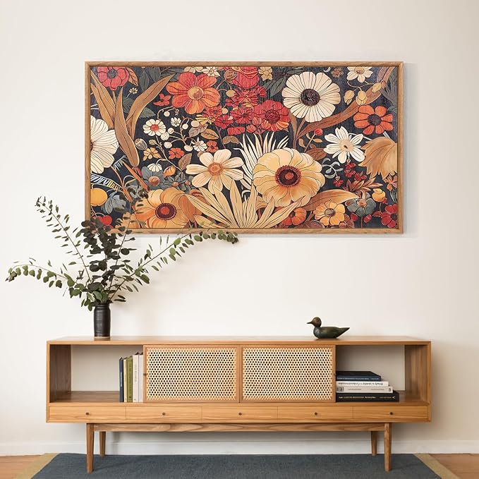 Aurlan Boho burnt orange terracotta floral wall art poster with abstract 3D textured canvas in large vintage botanical design.