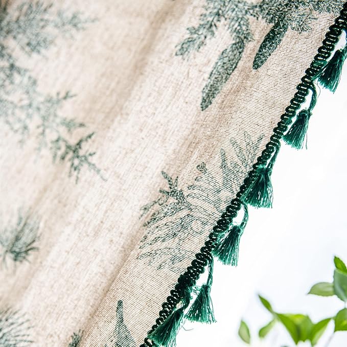 CozyNest Decor Boho cotton linen curtain panel in green forest with tassels, 84-inch length, rod pocket, semi-blackout for bedroom or living room.