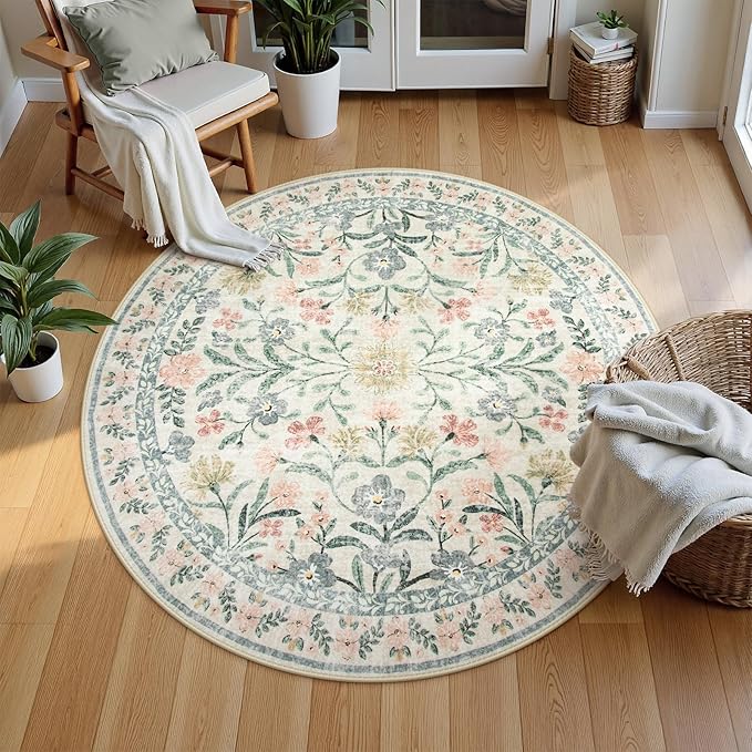 CozyNest Decor floral round area rug, 6ft boho beige machine washable circle rug with soft botanical print for living room or bedroom.