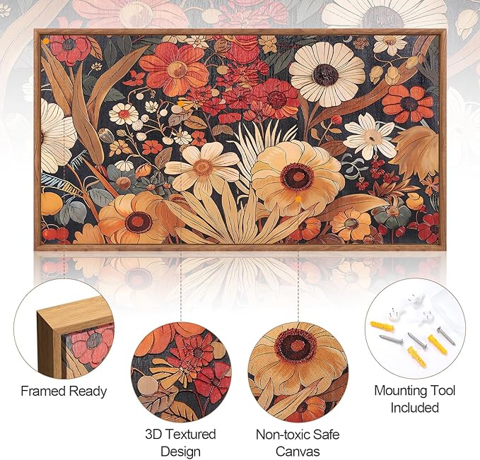 AurLan Boho burnt orange terracotta wildflowers framed wall art, abstract floral 3D textured canvas for home or office decor.