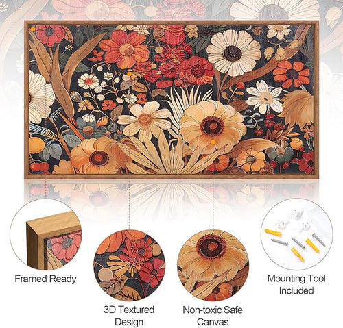 AurLan Boho burnt orange terracotta wildflowers framed wall art, abstract floral 3D textured canvas for home or office decor.