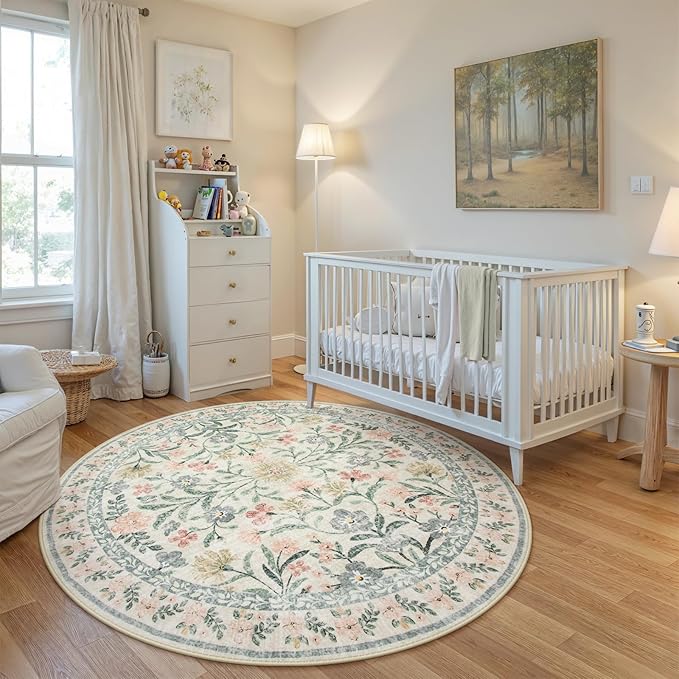 CozyNest Decor floral round area rug, 6ft boho beige circle carpet with soft flower botanical print for living room or bedroom.