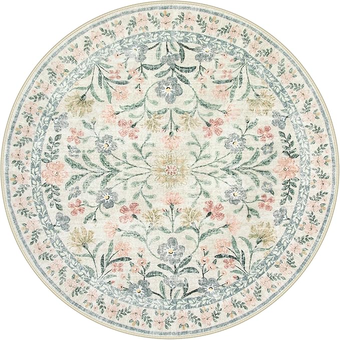 CozyNest Decor floral round area rug with beige boho flower botanical print, 6ft washable soft low pile carpet for living room or bedroom