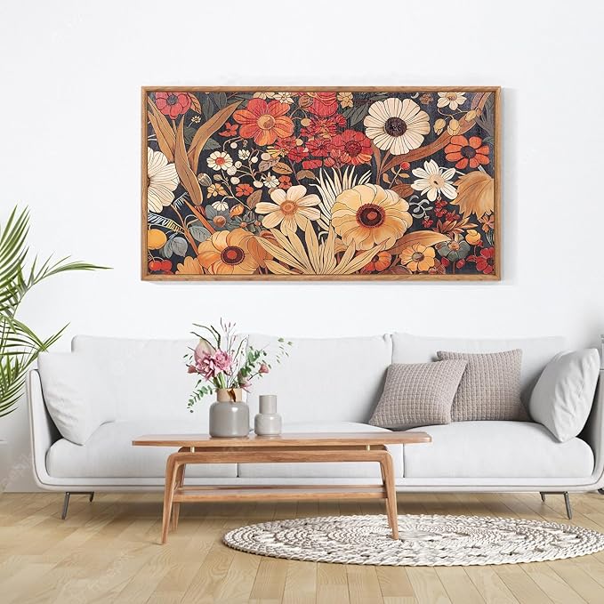 Aurlan Boho burnt orange terracotta wildflowers framed wall art, abstract floral canvas with 3D texture for home or office decor.