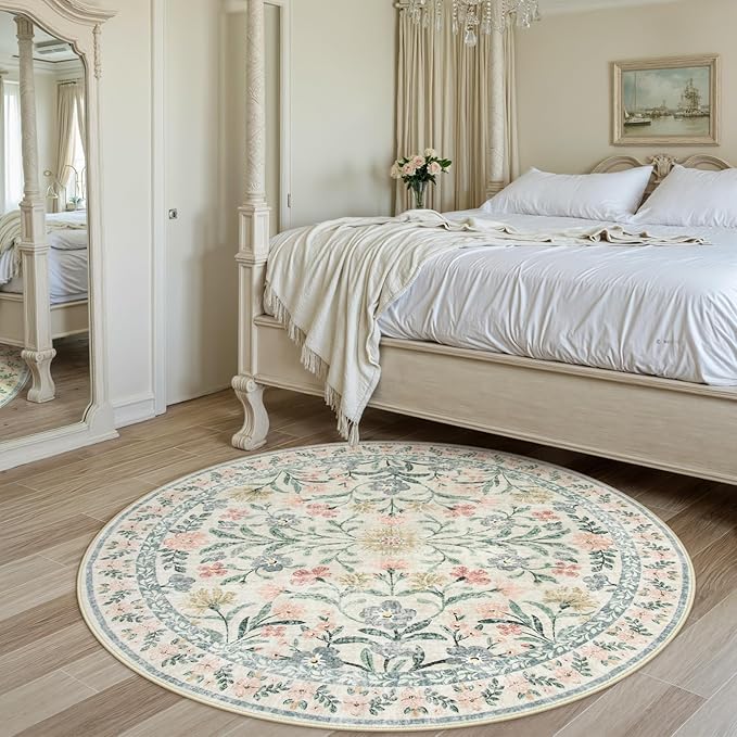 CozyNest Decor floral round area rug, 6ft boho beige circle rug with soft flower botanical print, machine washable for living and bedroom.