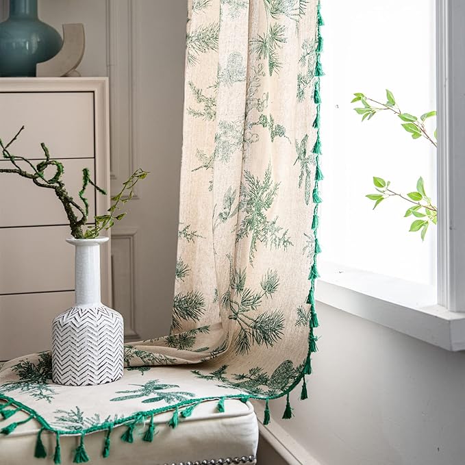 CozyNest Decor Sutuo Home Boho curtain panel in green forest print, 84-inch length cotton linen with tassels for bedroom or living room.