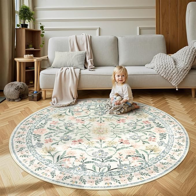 CozyNest Decor Wonnitar floral round area rug, 6ft boho washable beige circle rug with soft flower botanical print for living room or bedroom