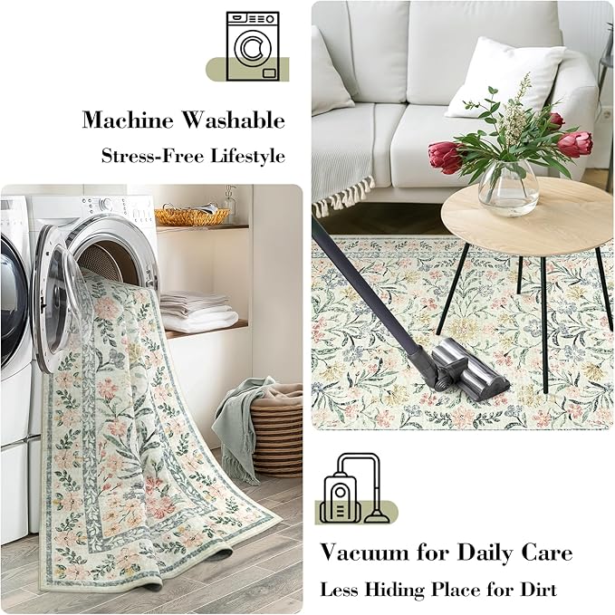 CozyNest Decor Wonnitar floral round rug, 6ft beige boho carpet with soft flower botanical print, machine washable, ideal for living and bedroom.
