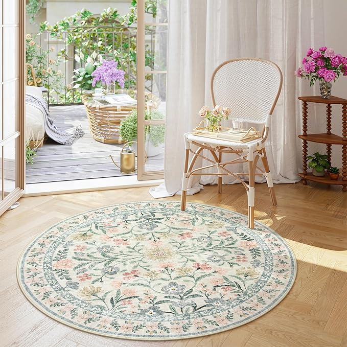 CozyNest Decor Wonnitar floral round area rug, 6ft boho beige carpet with soft flower botanical print for living room or bedroom.