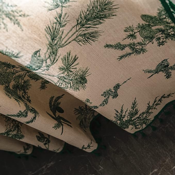 Boho cotton linen curtain panel with tassels, green forest print, 84-inch length for bedroom or living room window treatment.