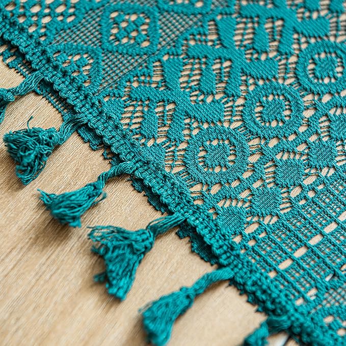 Turquoise boho crochet lace valance curtain with tassels, rustic farmhouse style, sheer knitted fabric, rod pocket, for kitchen window decor