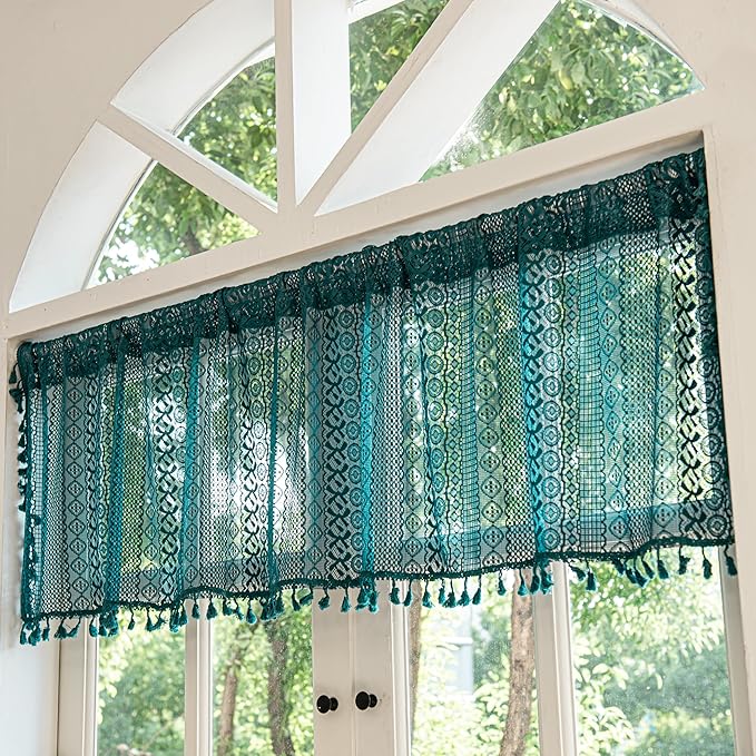 Turquoise boho crochet lace valance curtain with tassels, rustic farmhouse style, lightweight sheer fabric, rod pocket, 59 inches wide