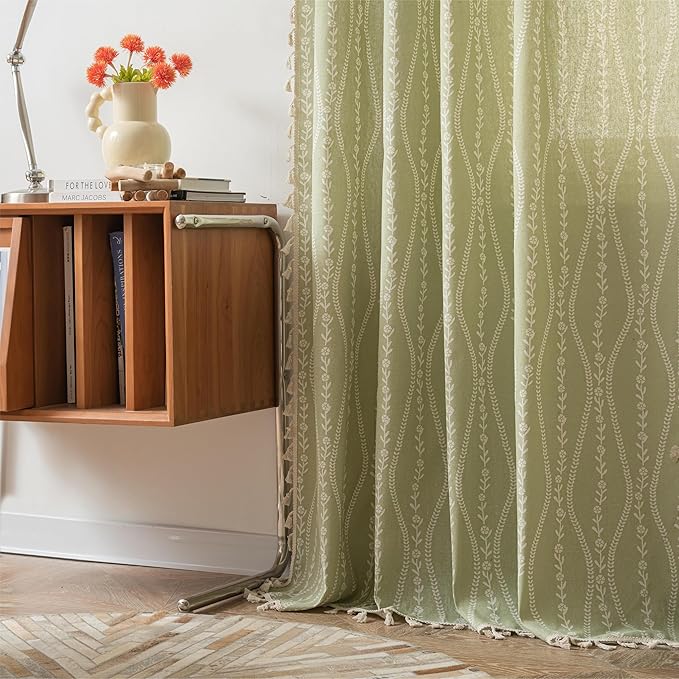 Green stripe floral Boho curtain panel by CozyNest Decor, 96 inches long with tassels for bedroom, living room, or nursery window decor.