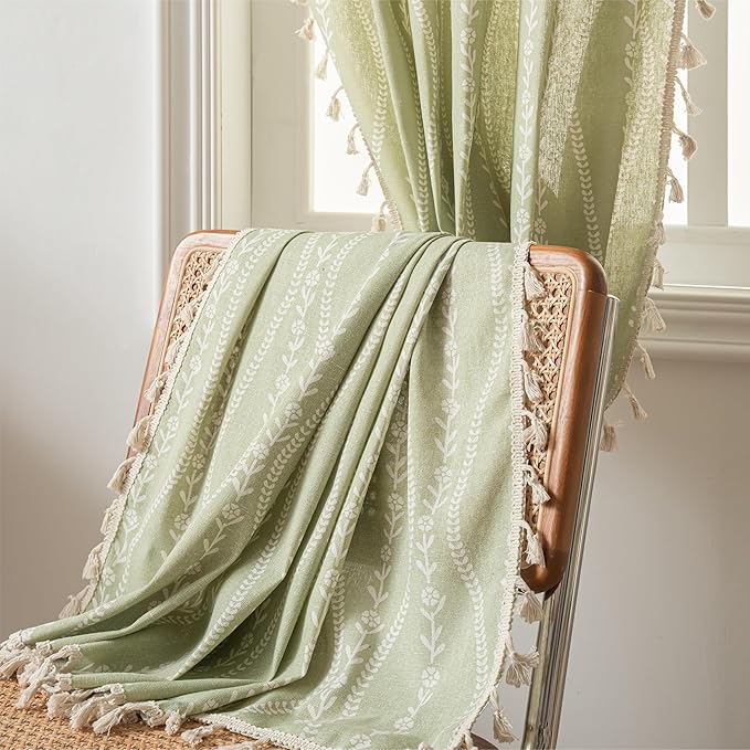 Boho green floral stripe curtain panel with tassels, 96 inches long, for bedroom or living room window treatment by CozyNest Decor