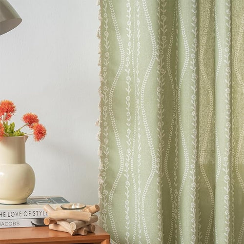 Boho green stripe floral curtain panel by CozyNest Decor, 96-inch long window treatment with tassels for bedroom or living room.