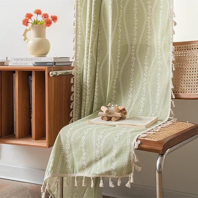 Green striped floral boho curtain panel for bedroom or living room, featuring tassels and country-style window treatment by CozyNest Decor.