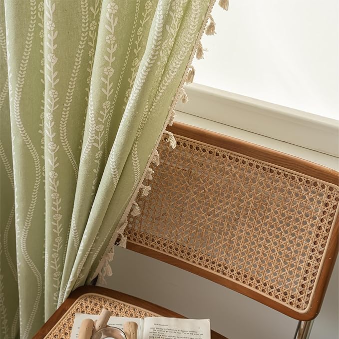 Green stripe floral boho curtain panel from CozyNest Decor, 96 inches long, with tassels for bedroom, living room, or nursery decor.