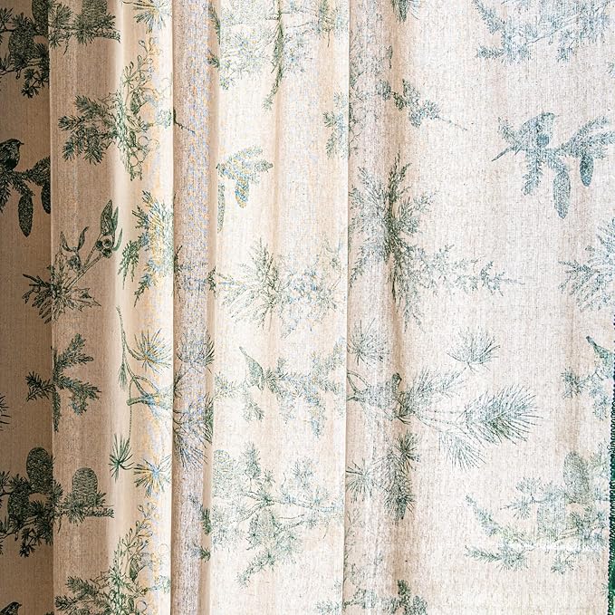 CozyNest Decor Sutuo Home Boho curtain panel in green forest print, 84-inch cotton linen, rod pocket, semi-blackout window treatment.