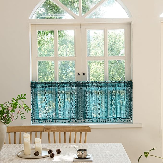 Turquoise crochet lace boho valance curtains with tassels, rustic farmhouse style, sheer knitted design for kitchen window decor